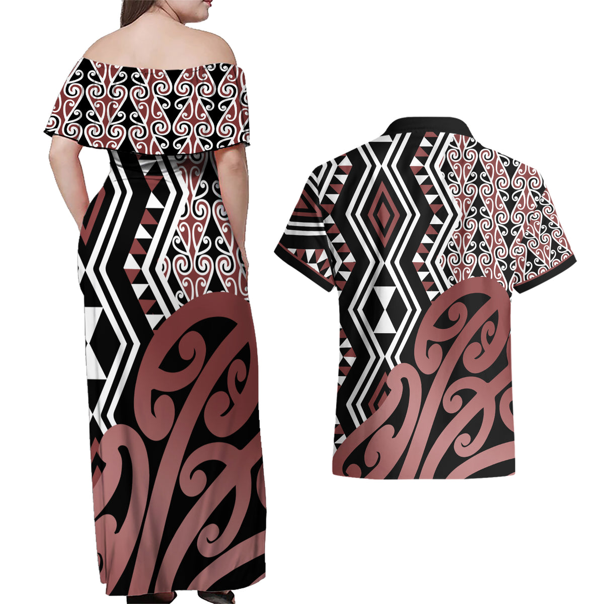 New Zealand Couples Matching Off Shoulder Maxi Dress and Hawaiian Shirt Aotearoa Kowhaiwhai Mix Taniko Art - Wonder Print Shop
