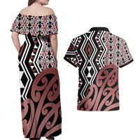 New Zealand Couples Matching Off Shoulder Maxi Dress and Hawaiian Shirt Aotearoa Kowhaiwhai Mix Taniko Art - Wonder Print Shop