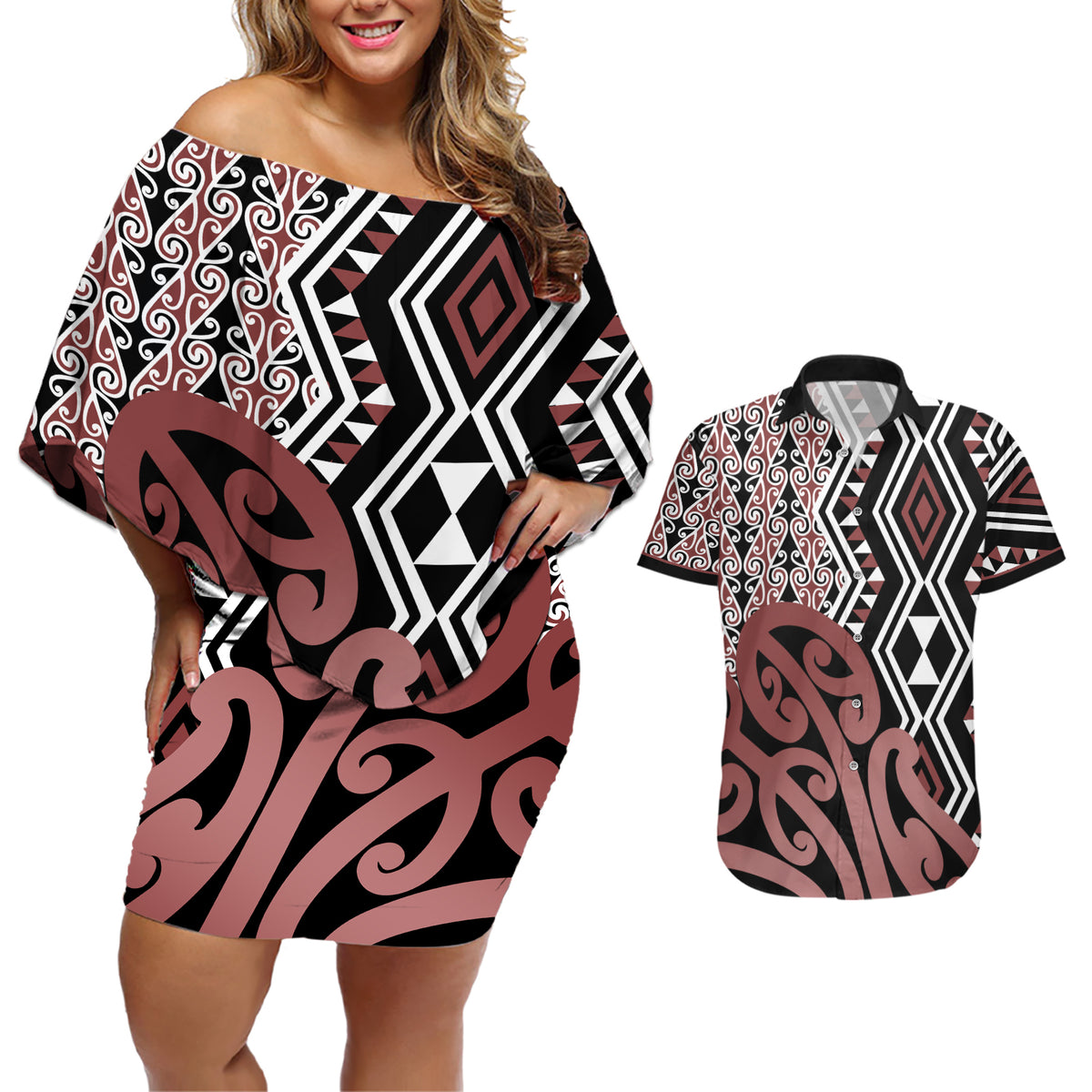New Zealand Couples Matching Off Shoulder Short Dress and Hawaiian Shirt Aotearoa Kowhaiwhai Mix Taniko Art - Wonder Print Shop