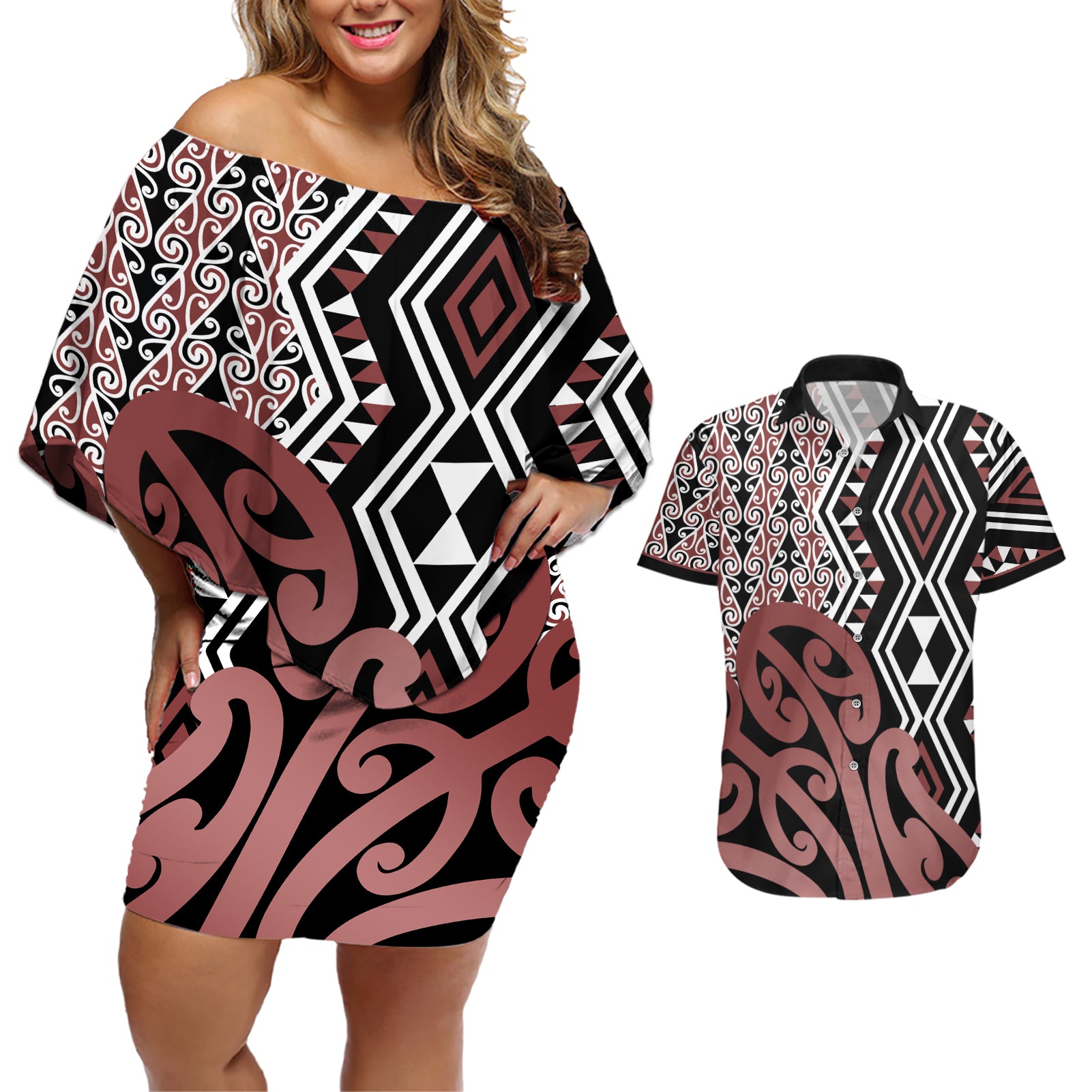 New Zealand Couples Matching Off Shoulder Short Dress and Hawaiian Shirt Aotearoa Kowhaiwhai Mix Taniko Art - Wonder Print Shop