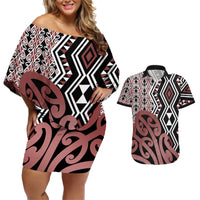 New Zealand Couples Matching Off Shoulder Short Dress and Hawaiian Shirt Aotearoa Kowhaiwhai Mix Taniko Art - Wonder Print Shop