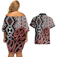 New Zealand Couples Matching Off Shoulder Short Dress and Hawaiian Shirt Aotearoa Kowhaiwhai Mix Taniko Art - Wonder Print Shop