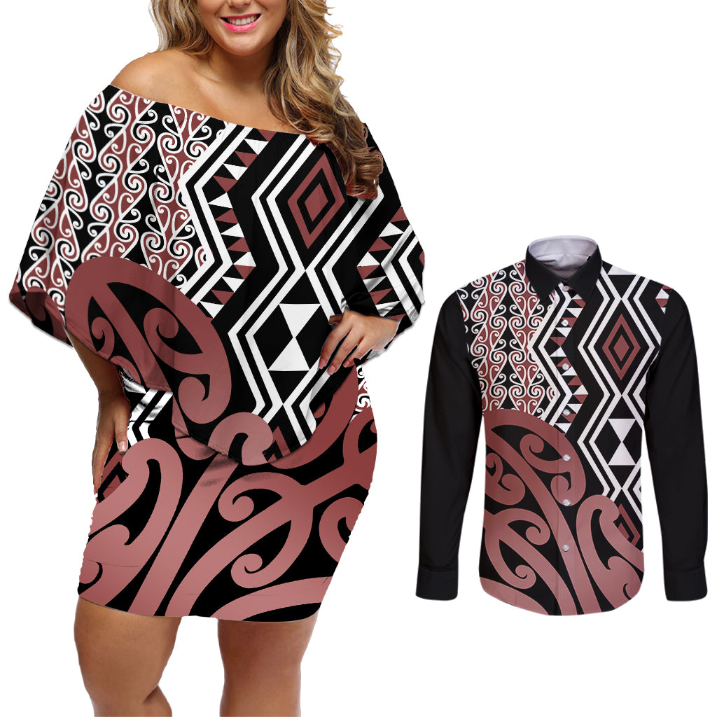 New Zealand Couples Matching Off Shoulder Short Dress and Long Sleeve Button Shirt Aotearoa Kowhaiwhai Mix Taniko Art - Wonder Print Shop