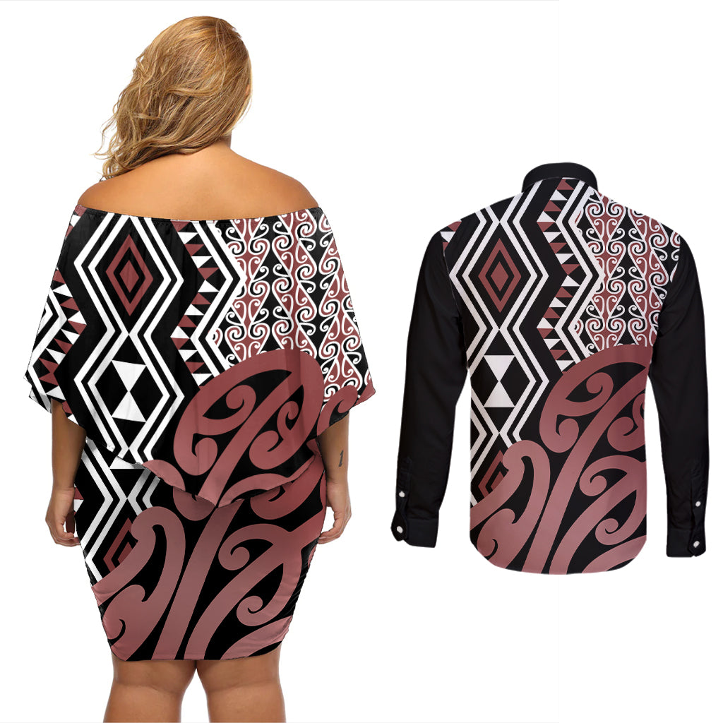 New Zealand Couples Matching Off Shoulder Short Dress and Long Sleeve Button Shirt Aotearoa Kowhaiwhai Mix Taniko Art - Wonder Print Shop