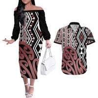 New Zealand Couples Matching Off The Shoulder Long Sleeve Dress and Hawaiian Shirt Aotearoa Kowhaiwhai Mix Taniko Art - Wonder Print Shop