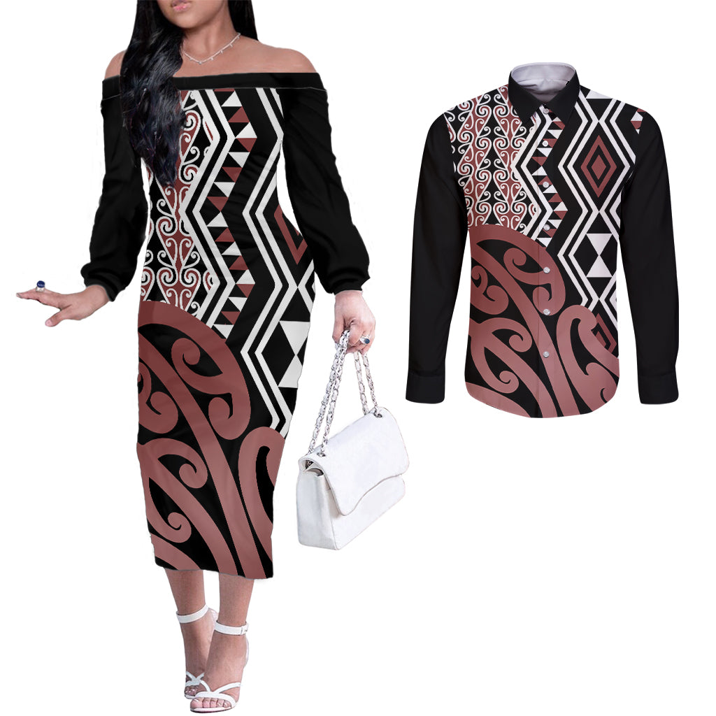 new-zealand-couples-matching-off-the-shoulder-long-sleeve-dress-and-long-sleeve-button-shirt-aotearoa-kowhaiwhai-mix-taniko-art