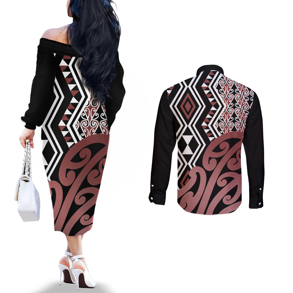 new-zealand-couples-matching-off-the-shoulder-long-sleeve-dress-and-long-sleeve-button-shirt-aotearoa-kowhaiwhai-mix-taniko-art