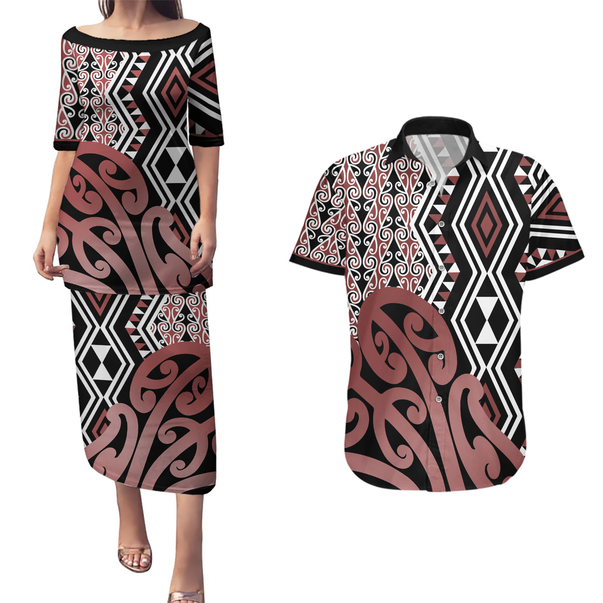 New Zealand Couples Matching Puletasi Dress and Hawaiian Shirt Aotearoa Kowhaiwhai Mix Taniko Art - Wonder Print Shop