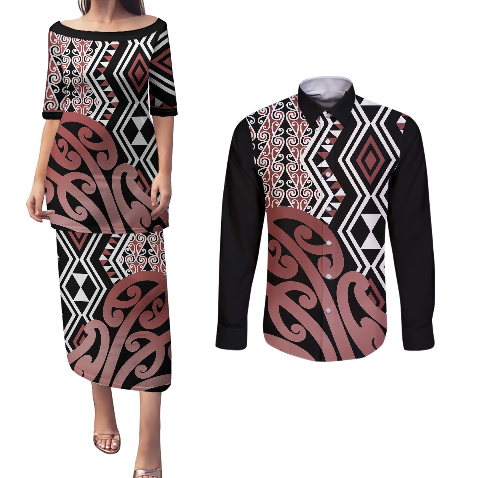 New Zealand Couples Matching Puletasi Dress and Long Sleeve Button Shirt Aotearoa Kowhaiwhai Mix Taniko Art - Wonder Print Shop