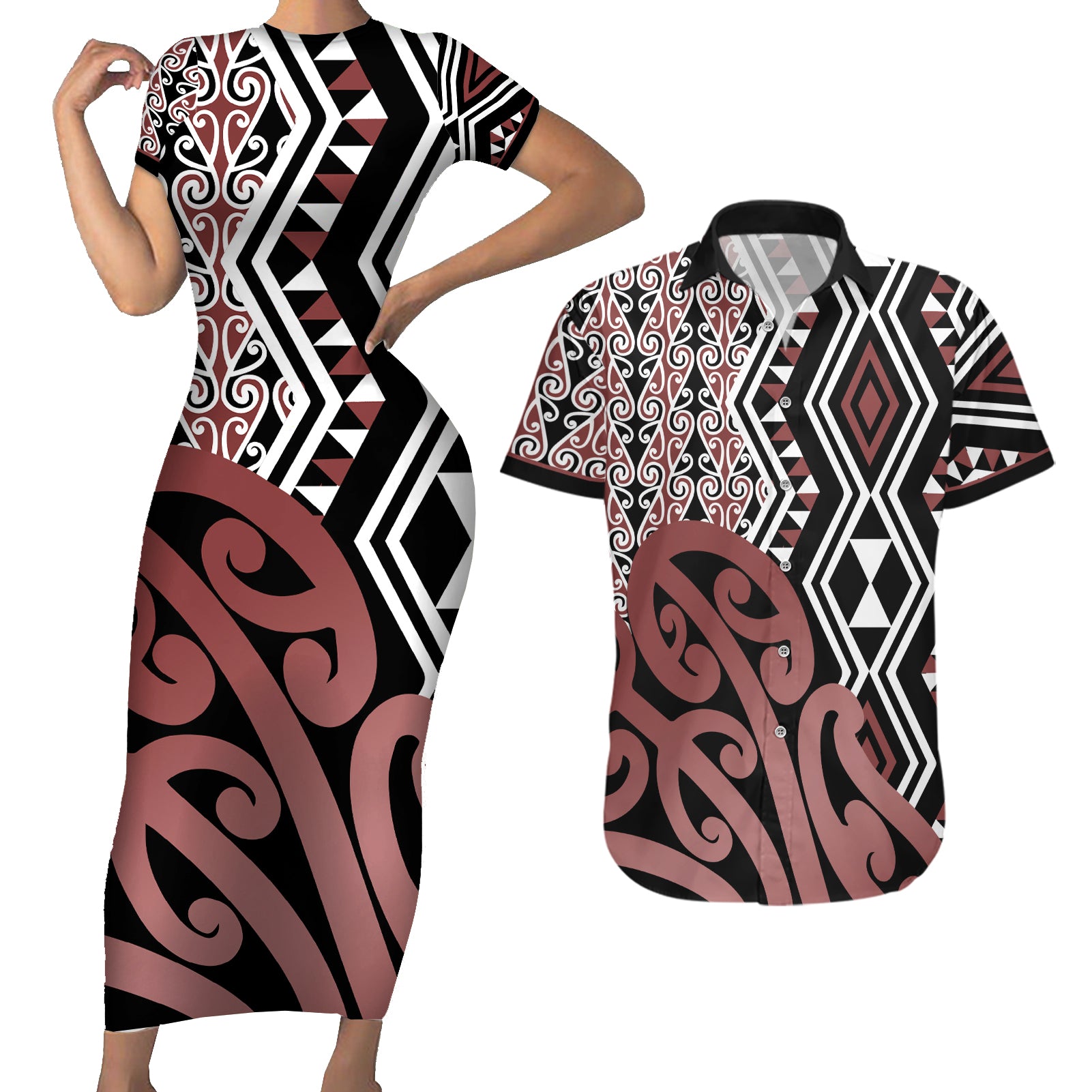 New Zealand Couples Matching Short Sleeve Bodycon Dress and Hawaiian Shirt Aotearoa Kowhaiwhai Mix Taniko Art - Wonder Print Shop