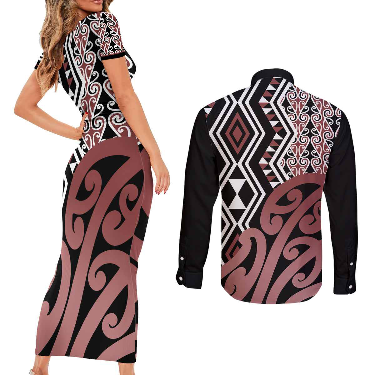 New Zealand Couples Matching Short Sleeve Bodycon Dress and Long Sleeve Button Shirt Aotearoa Kowhaiwhai Mix Taniko Art - Wonder Print Shop