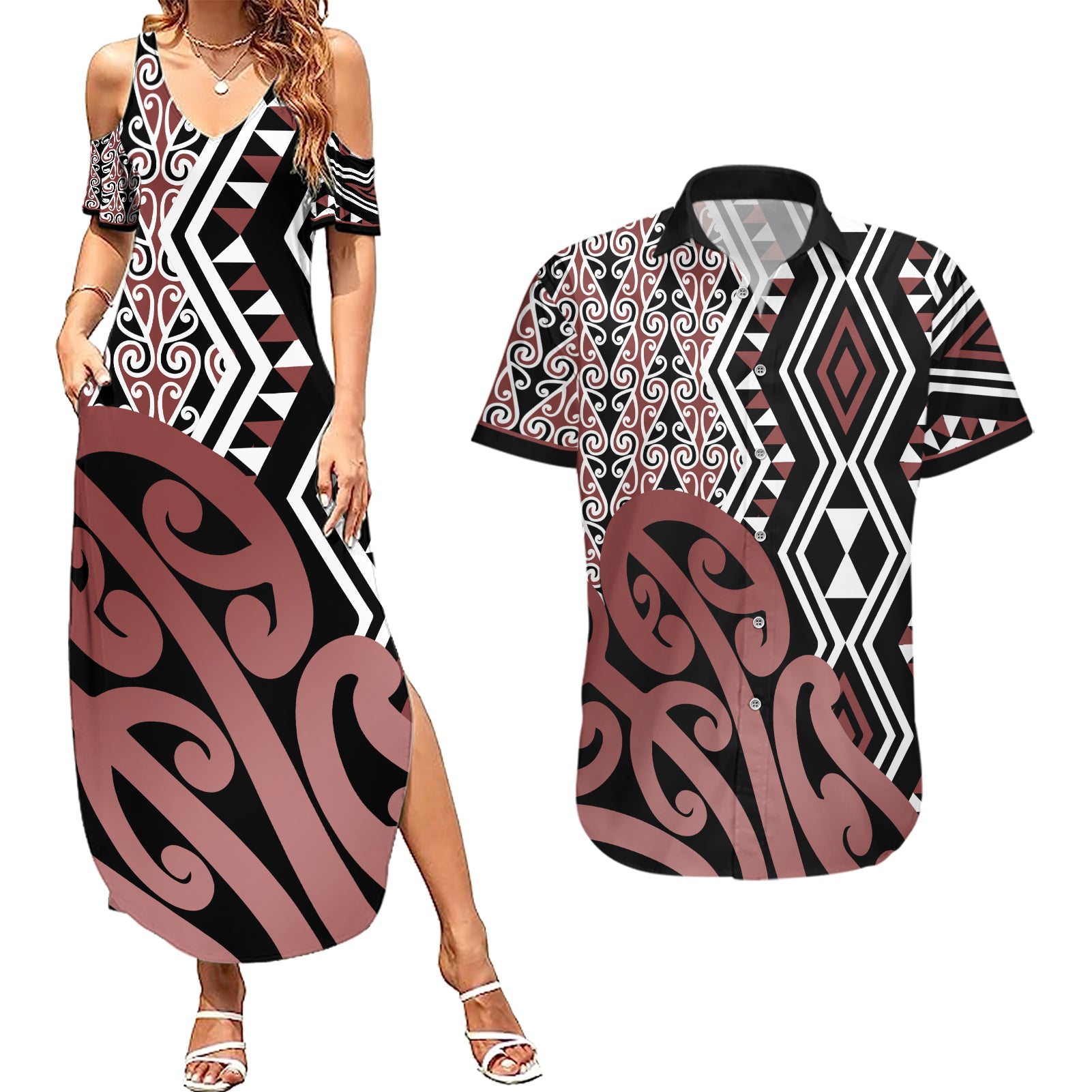 New Zealand Couples Matching Summer Maxi Dress and Hawaiian Shirt Aotearoa Kowhaiwhai Mix Taniko Art - Wonder Print Shop