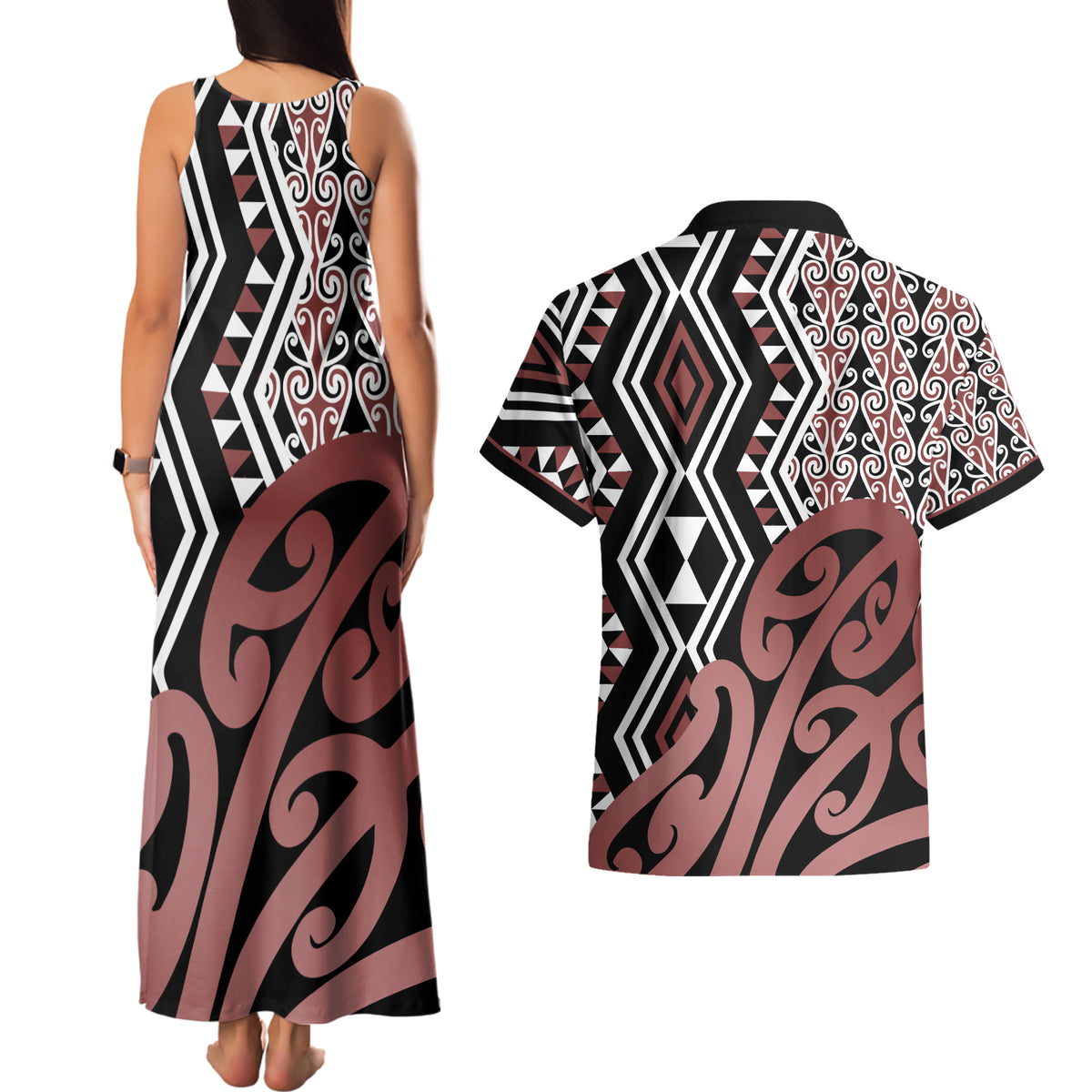 New Zealand Couples Matching Tank Maxi Dress and Hawaiian Shirt Aotearoa Kowhaiwhai Mix Taniko Art - Wonder Print Shop