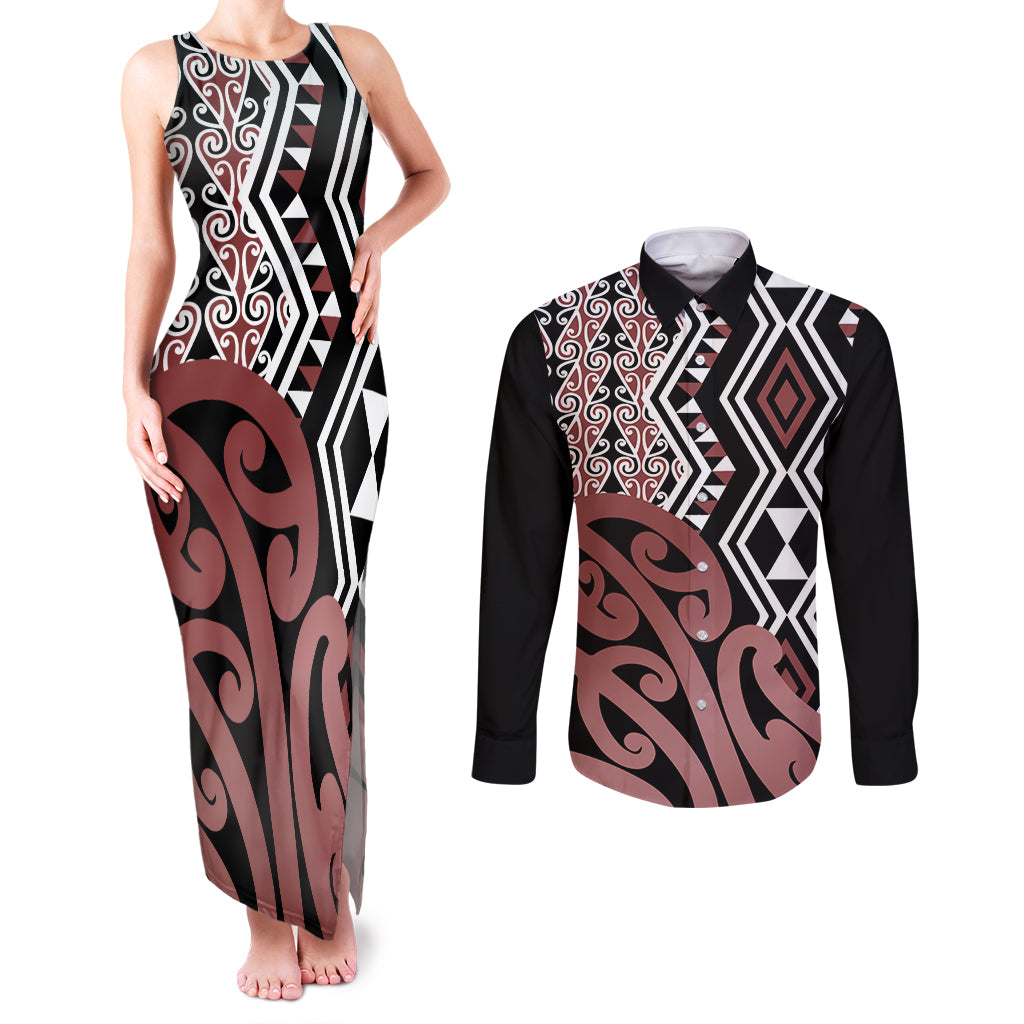 New Zealand Couples Matching Tank Maxi Dress and Long Sleeve Button Shirt Aotearoa Kowhaiwhai Mix Taniko Art - Wonder Print Shop