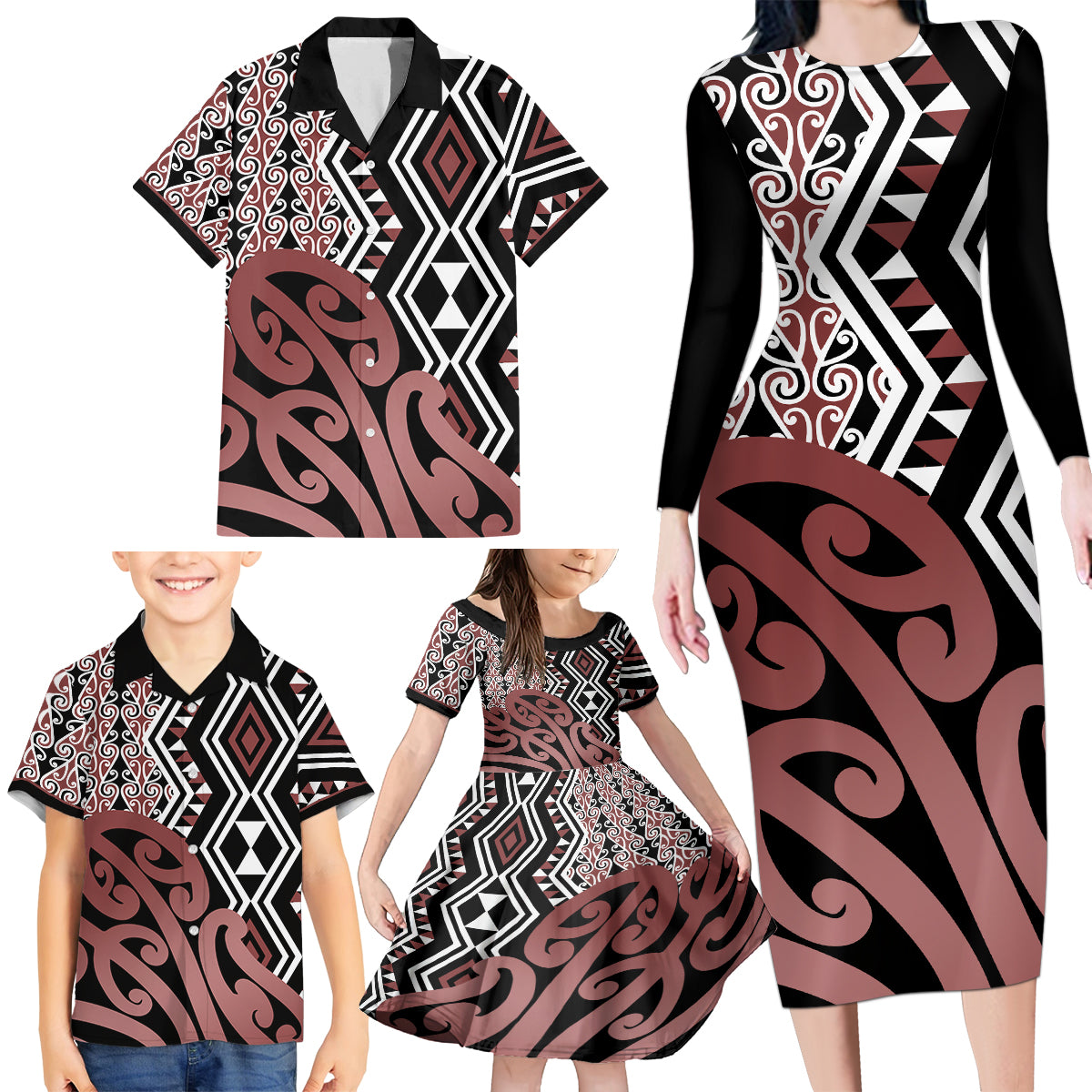 New Zealand Family Matching Long Sleeve Bodycon Dress and Hawaiian Shirt Aotearoa Kowhaiwhai Mix Taniko Art - Wonder Print Shop