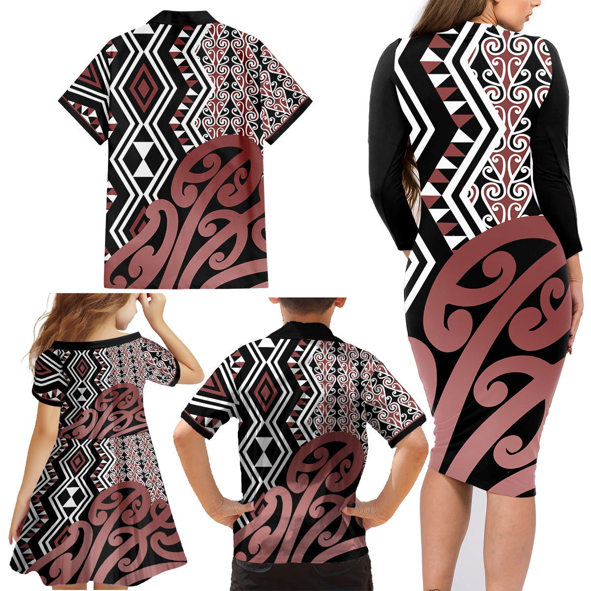 New Zealand Family Matching Long Sleeve Bodycon Dress and Hawaiian Shirt Aotearoa Kowhaiwhai Mix Taniko Art - Wonder Print Shop