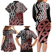 New Zealand Family Matching Long Sleeve Bodycon Dress and Hawaiian Shirt Aotearoa Kowhaiwhai Mix Taniko Art - Wonder Print Shop