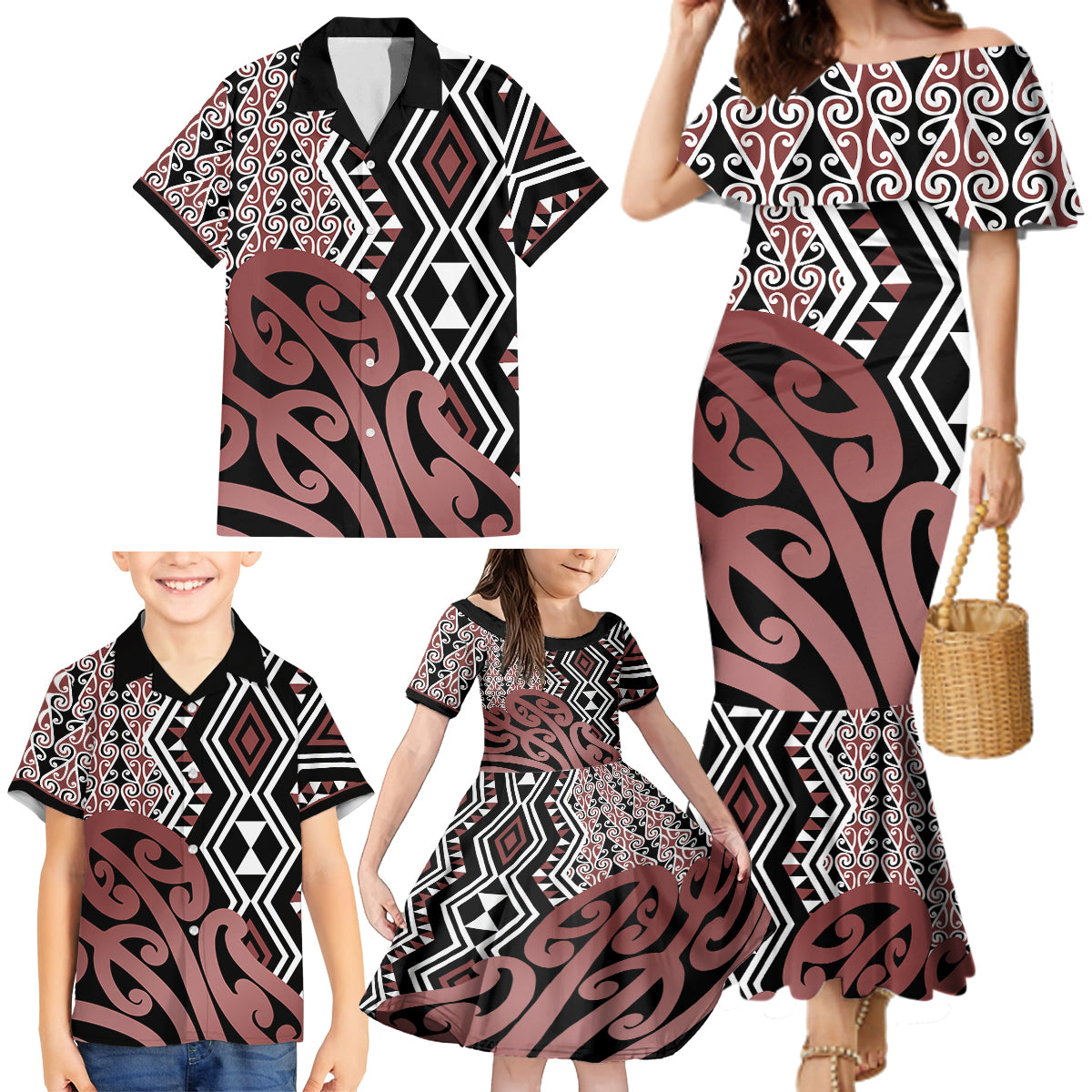 New Zealand Family Matching Mermaid Dress and Hawaiian Shirt Aotearoa Kowhaiwhai Mix Taniko Art - Wonder Print Shop