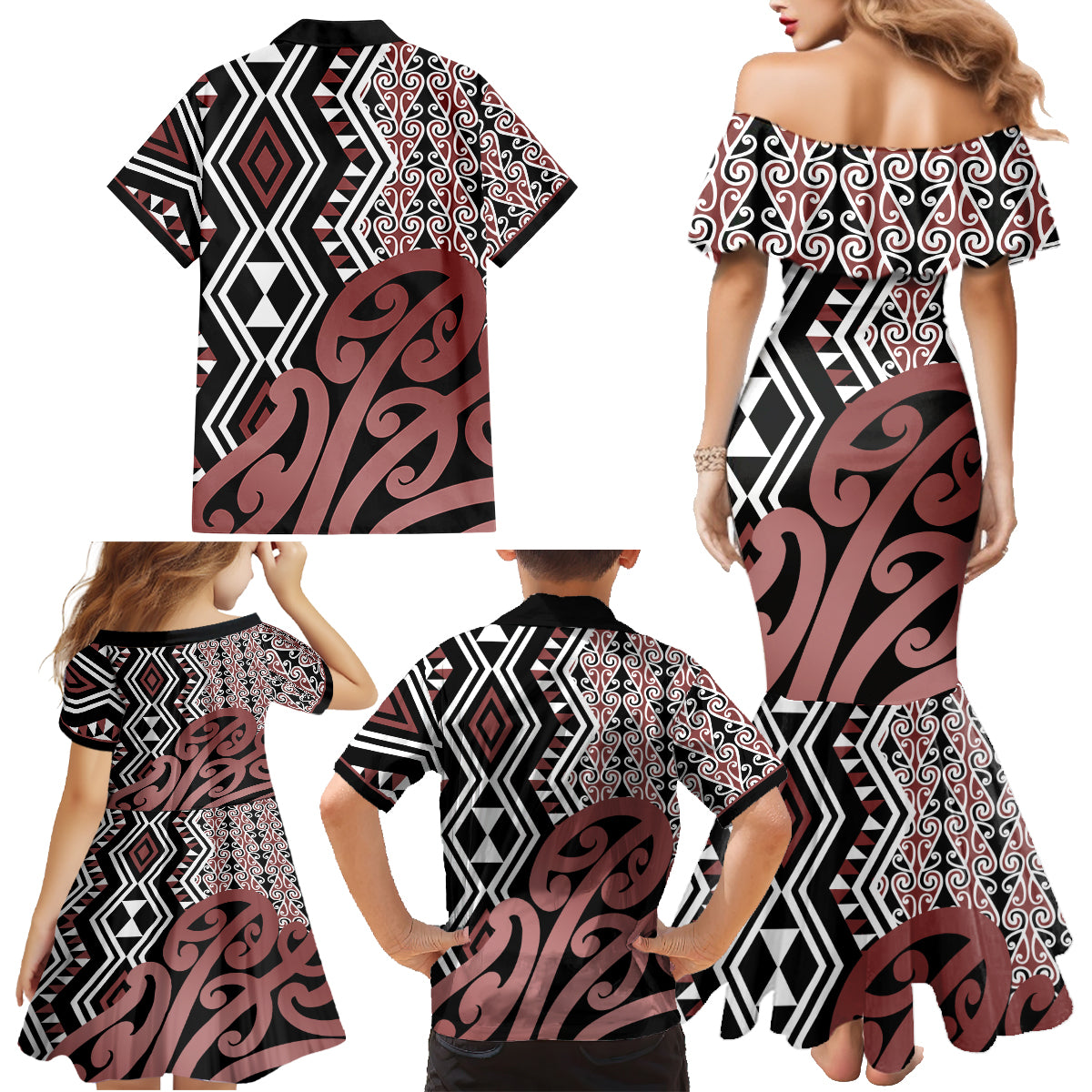 New Zealand Family Matching Mermaid Dress and Hawaiian Shirt Aotearoa Kowhaiwhai Mix Taniko Art - Wonder Print Shop