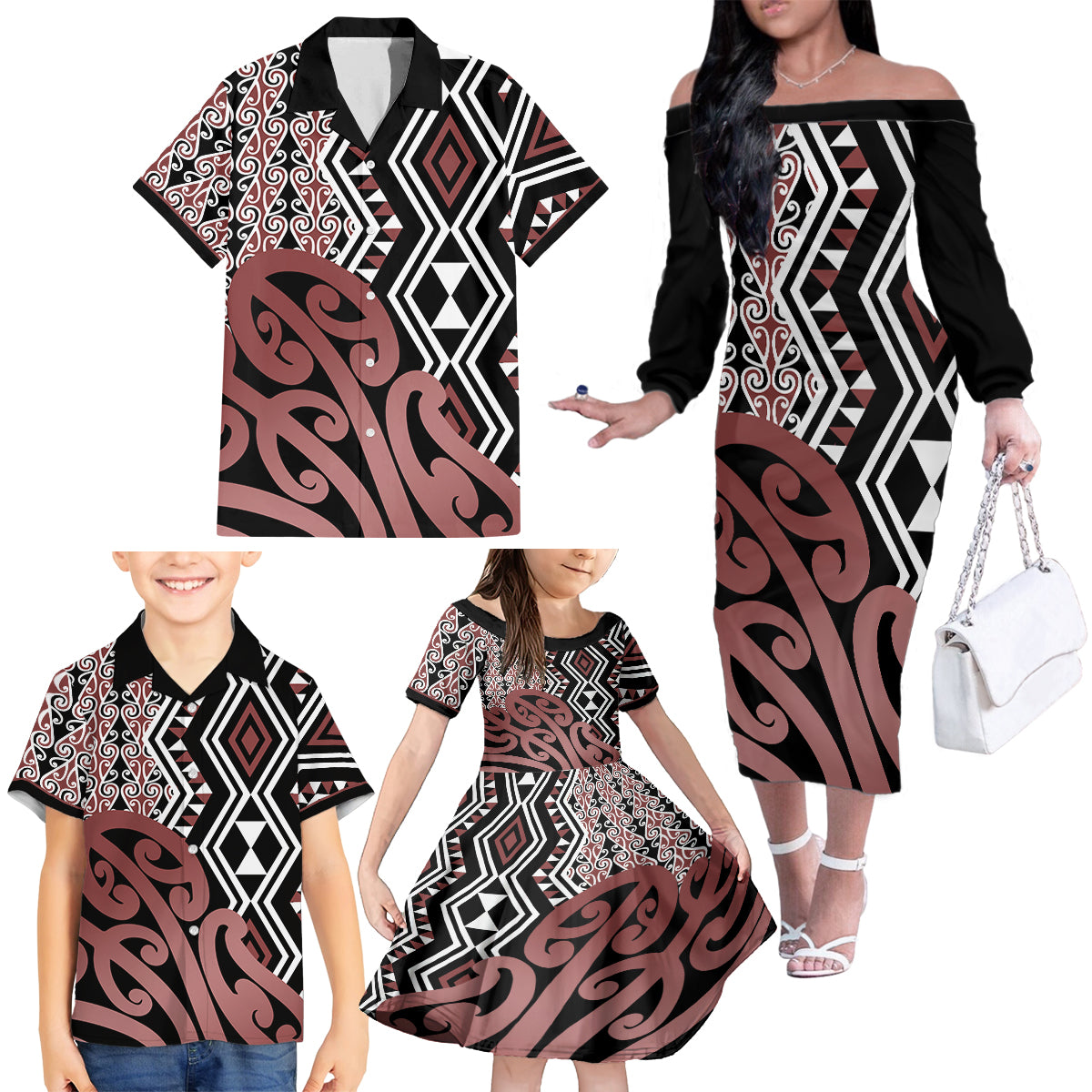 New Zealand Family Matching Off Shoulder Long Sleeve Dress and Hawaiian Shirt Aotearoa Kowhaiwhai Mix Taniko Art - Wonder Print Shop