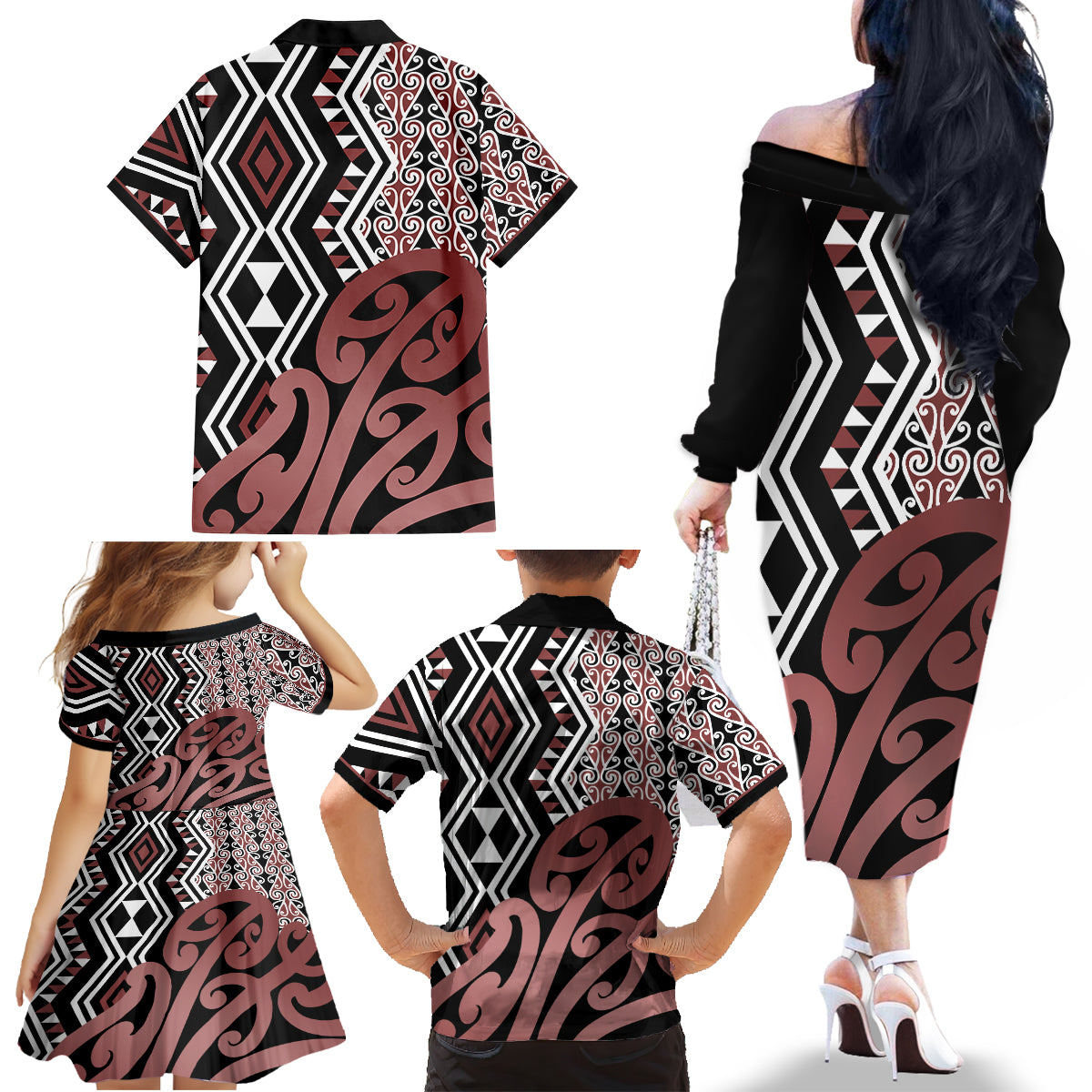 New Zealand Family Matching Off Shoulder Long Sleeve Dress and Hawaiian Shirt Aotearoa Kowhaiwhai Mix Taniko Art - Wonder Print Shop