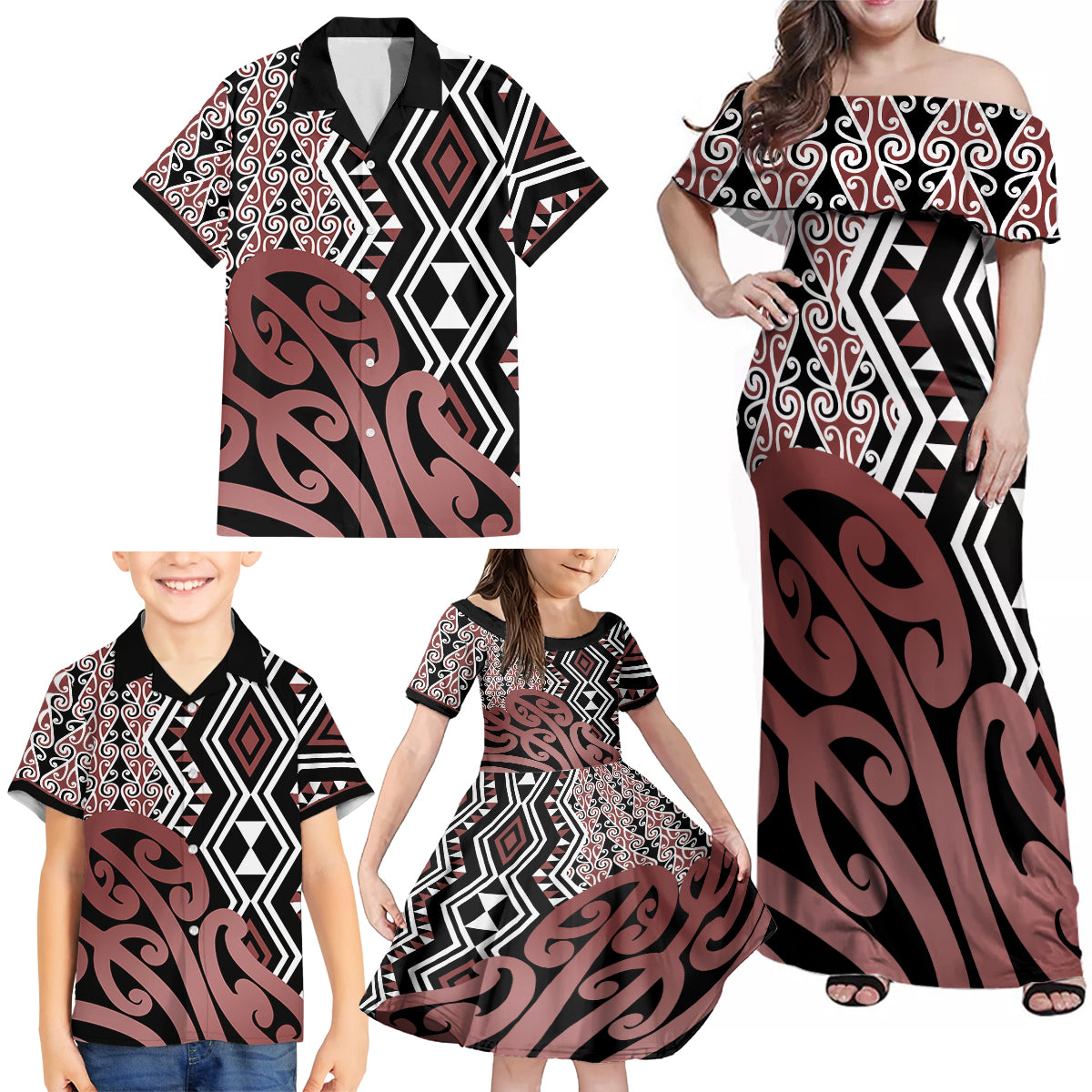 New Zealand Family Matching Off Shoulder Maxi Dress and Hawaiian Shirt Aotearoa Kowhaiwhai Mix Taniko Art - Wonder Print Shop