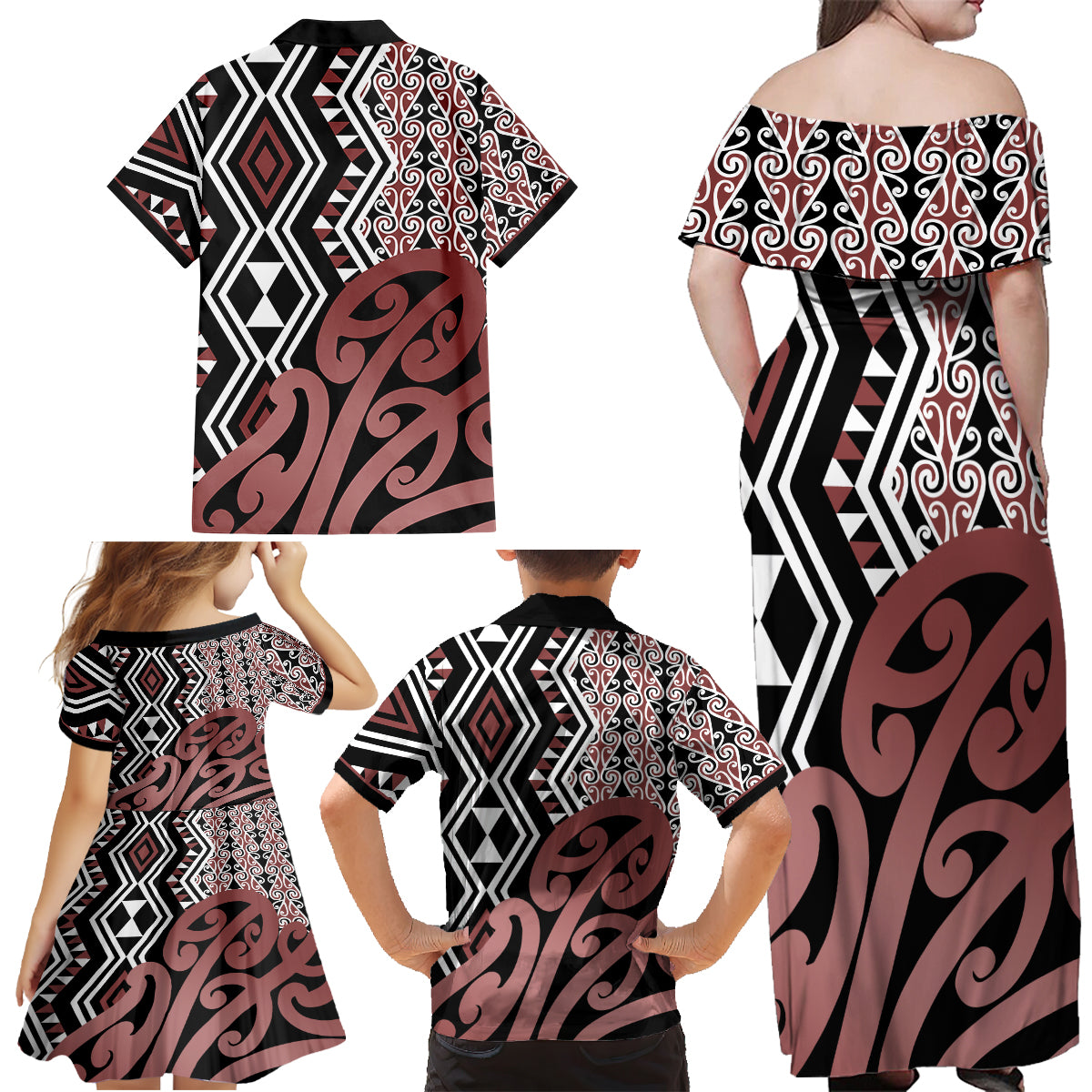 New Zealand Family Matching Off Shoulder Maxi Dress and Hawaiian Shirt Aotearoa Kowhaiwhai Mix Taniko Art - Wonder Print Shop