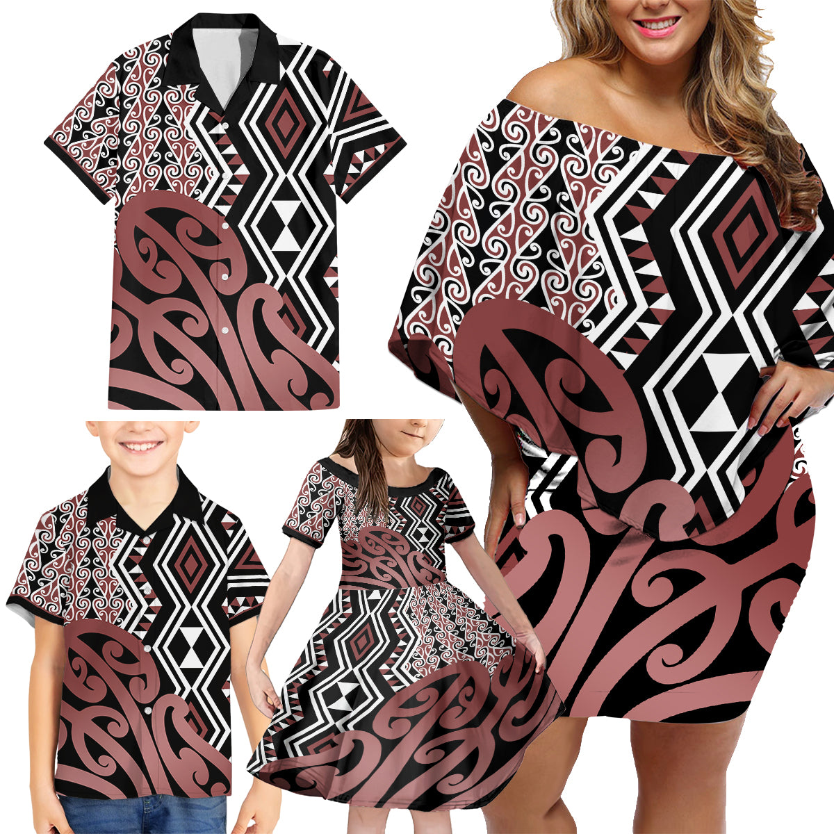 New Zealand Family Matching Off Shoulder Short Dress and Hawaiian Shirt Aotearoa Kowhaiwhai Mix Taniko Art - Wonder Print Shop