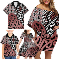 New Zealand Family Matching Off Shoulder Short Dress and Hawaiian Shirt Aotearoa Kowhaiwhai Mix Taniko Art - Wonder Print Shop