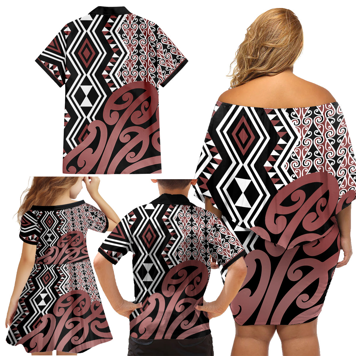 New Zealand Family Matching Off Shoulder Short Dress and Hawaiian Shirt Aotearoa Kowhaiwhai Mix Taniko Art - Wonder Print Shop