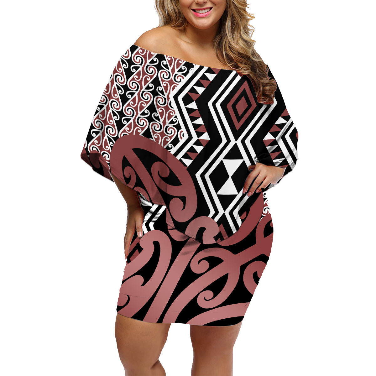 New Zealand Family Matching Off Shoulder Short Dress and Hawaiian Shirt Aotearoa Kowhaiwhai Mix Taniko Art - Wonder Print Shop