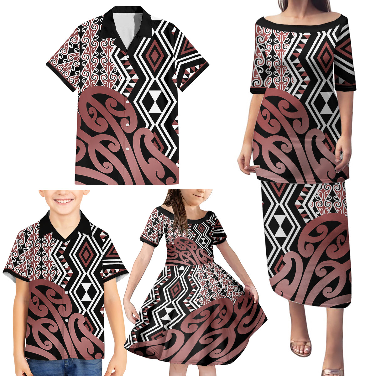 New Zealand Family Matching Puletasi Dress and Hawaiian Shirt Aotearoa Kowhaiwhai Mix Taniko Art - Wonder Print Shop