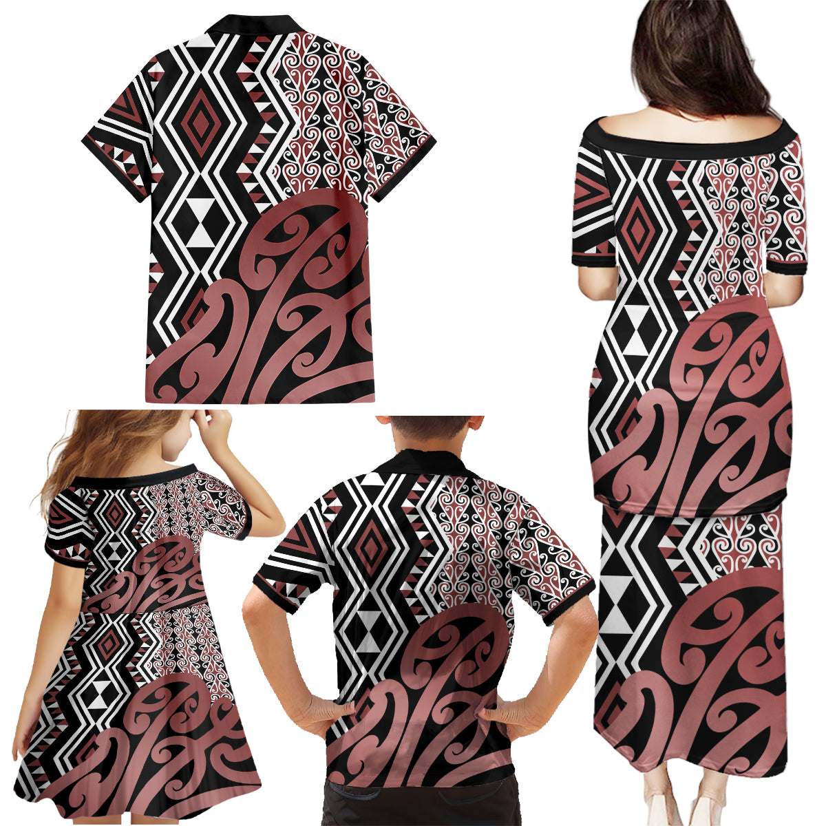 New Zealand Family Matching Puletasi Dress and Hawaiian Shirt Aotearoa Kowhaiwhai Mix Taniko Art - Wonder Print Shop
