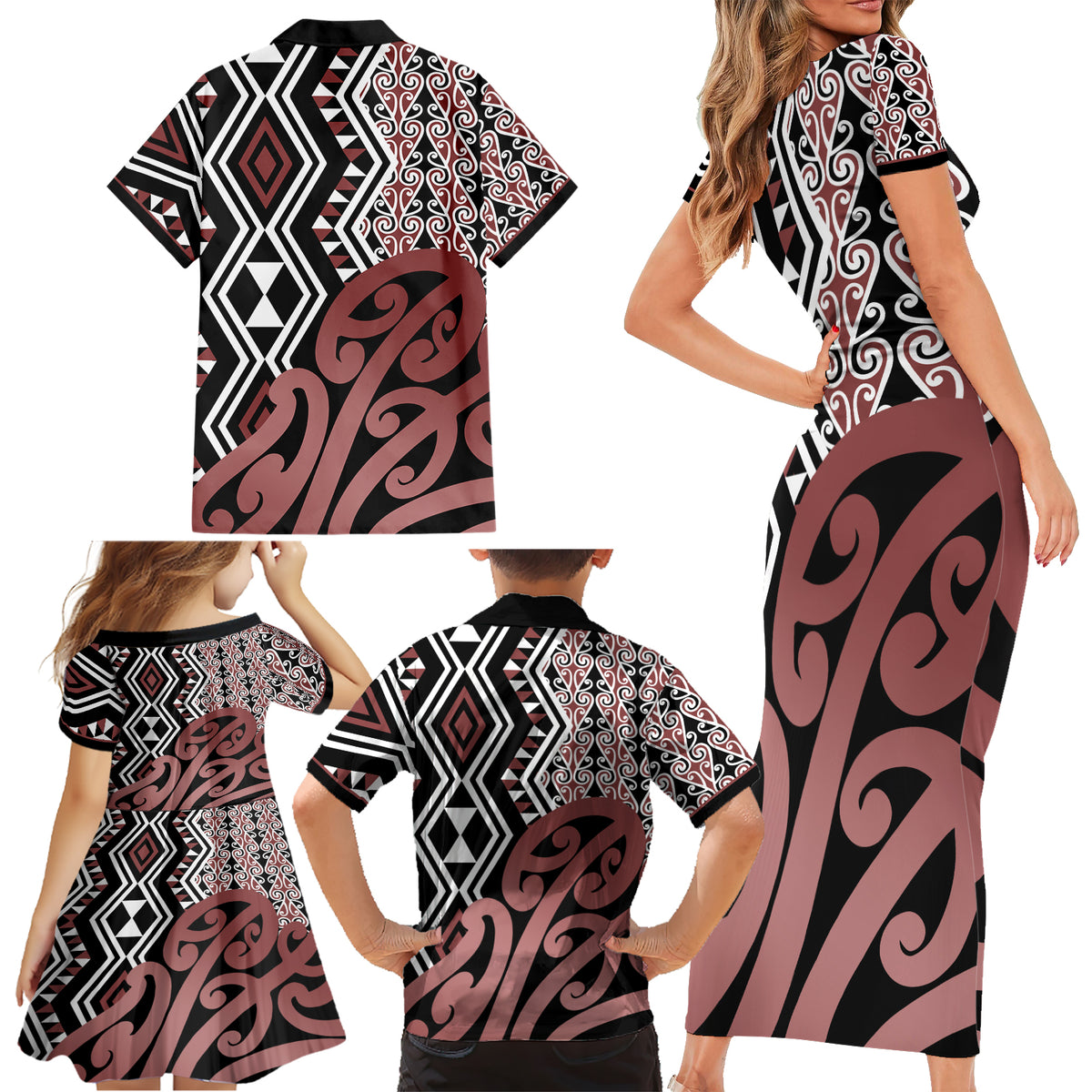 New Zealand Family Matching Short Sleeve Bodycon Dress and Hawaiian Shirt Aotearoa Kowhaiwhai Mix Taniko Art - Wonder Print Shop