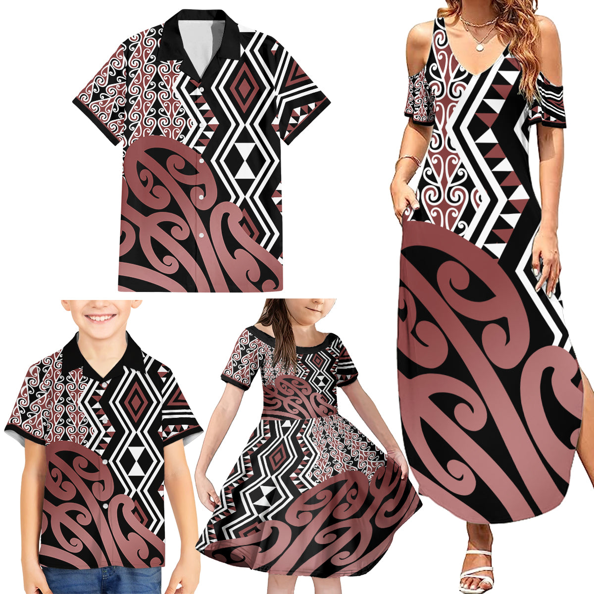New Zealand Family Matching Summer Maxi Dress and Hawaiian Shirt Aotearoa Kowhaiwhai Mix Taniko Art - Wonder Print Shop