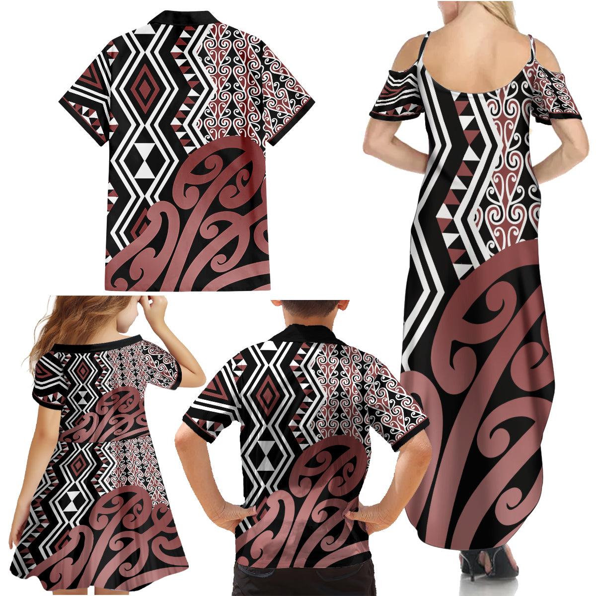 New Zealand Family Matching Summer Maxi Dress and Hawaiian Shirt Aotearoa Kowhaiwhai Mix Taniko Art - Wonder Print Shop
