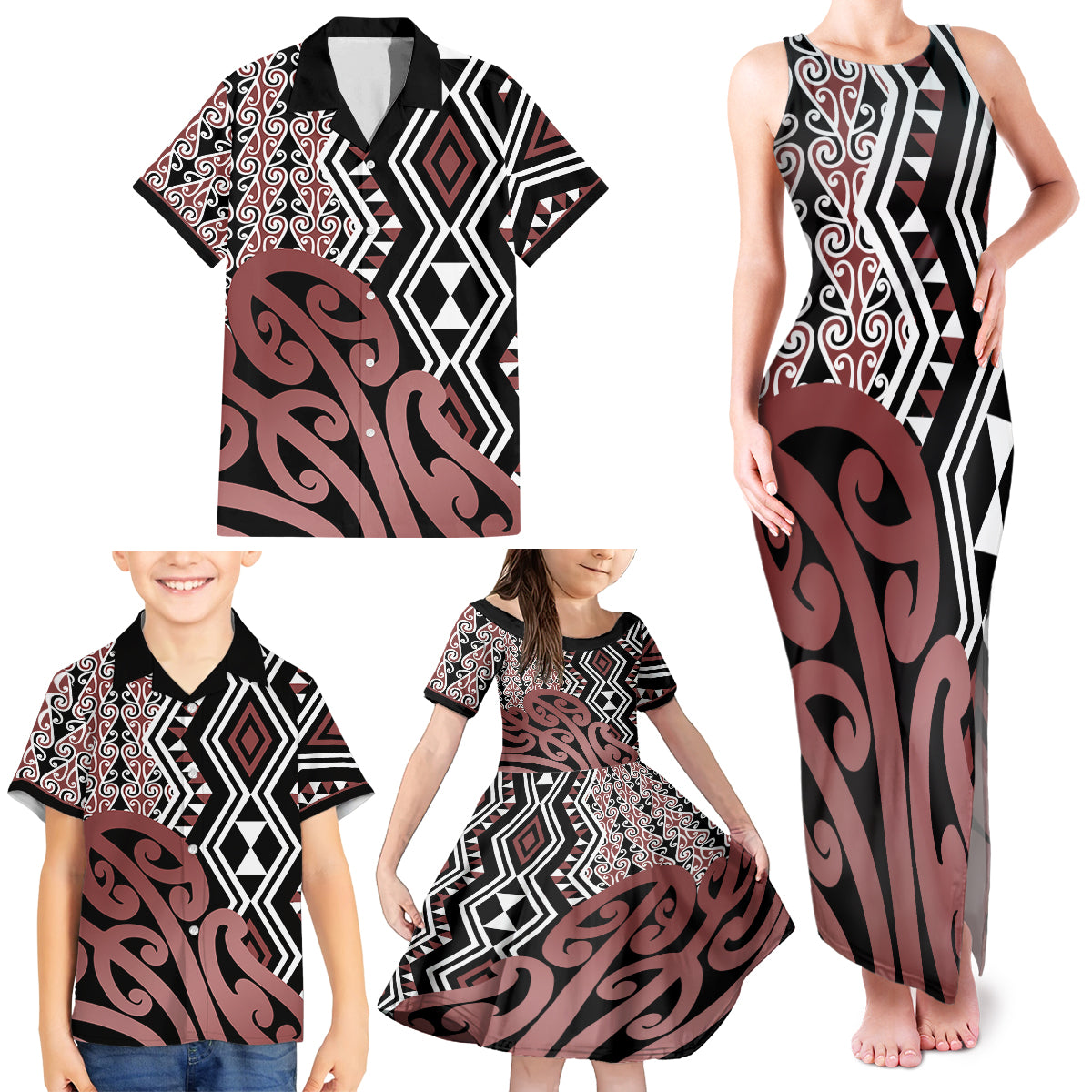 New Zealand Family Matching Tank Maxi Dress and Hawaiian Shirt Aotearoa Kowhaiwhai Mix Taniko Art - Wonder Print Shop