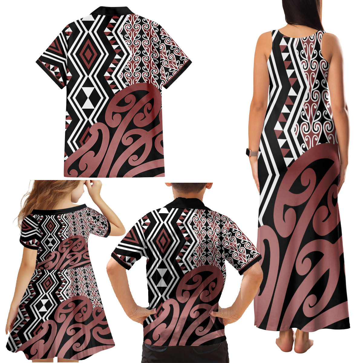 New Zealand Family Matching Tank Maxi Dress and Hawaiian Shirt Aotearoa Kowhaiwhai Mix Taniko Art - Wonder Print Shop