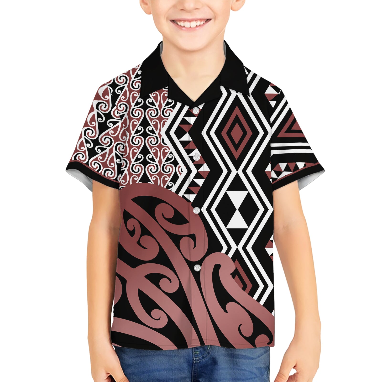New Zealand Kid Hawaiian Shirt Aotearoa Kowhaiwhai Mix Taniko Art - Wonder Print Shop