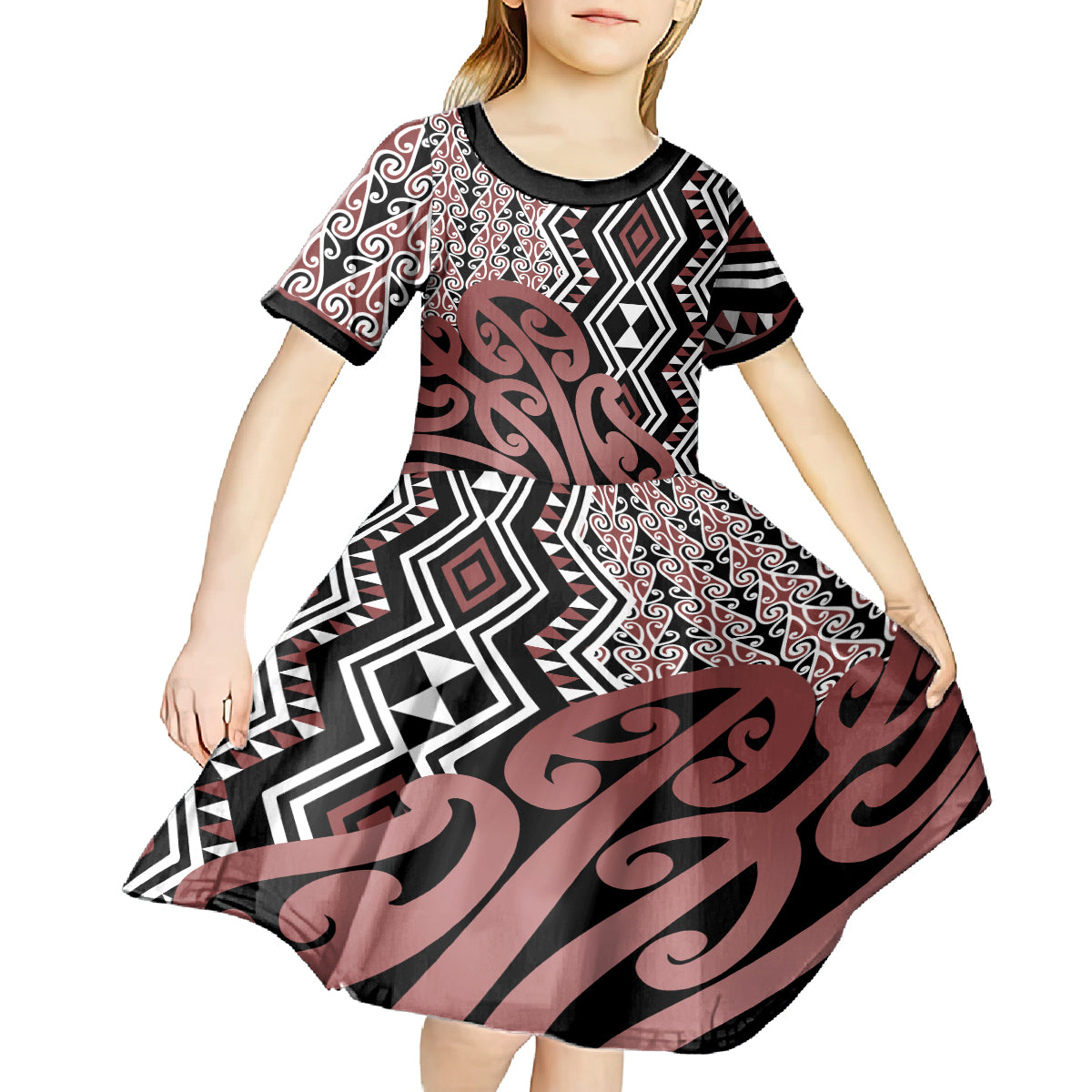 New Zealand Kid Short Sleeve Dress Aotearoa Kowhaiwhai Mix Taniko Art - Wonder Print Shop
