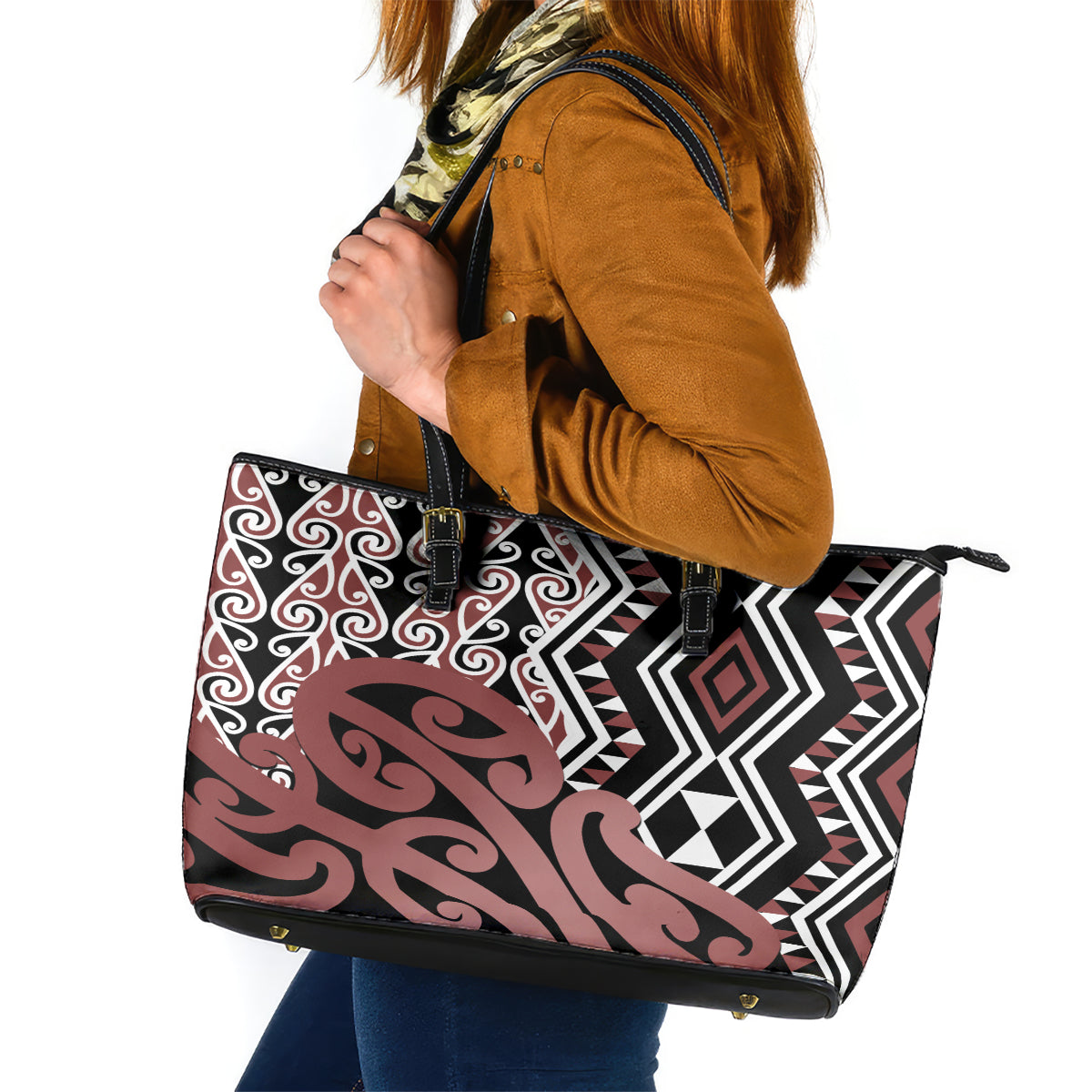New Zealand Leather Tote Bag Aotearoa Kowhaiwhai Mix Taniko Art - Wonder Print Shop