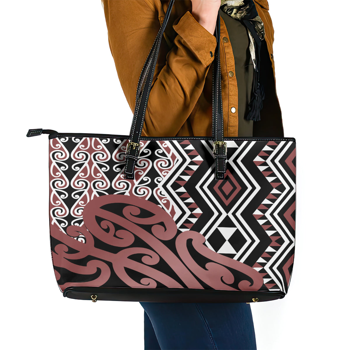 New Zealand Leather Tote Bag Aotearoa Kowhaiwhai Mix Taniko Art - Wonder Print Shop