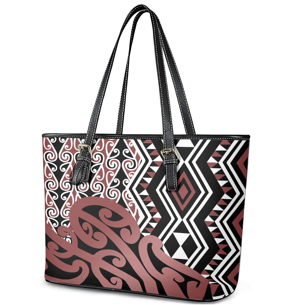 New Zealand Leather Tote Bag Aotearoa Kowhaiwhai Mix Taniko Art - Wonder Print Shop