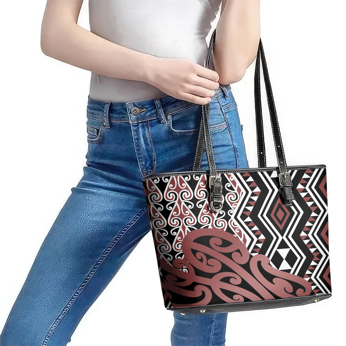 New Zealand Leather Tote Bag Aotearoa Kowhaiwhai Mix Taniko Art - Wonder Print Shop