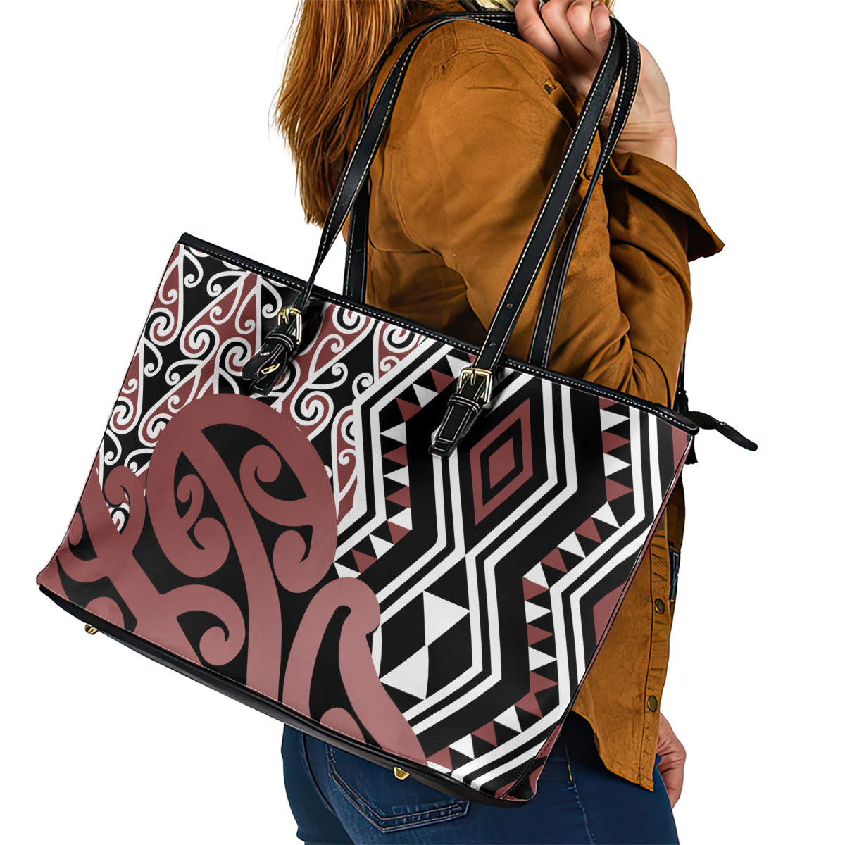 New Zealand Leather Tote Bag Aotearoa Kowhaiwhai Mix Taniko Art - Wonder Print Shop
