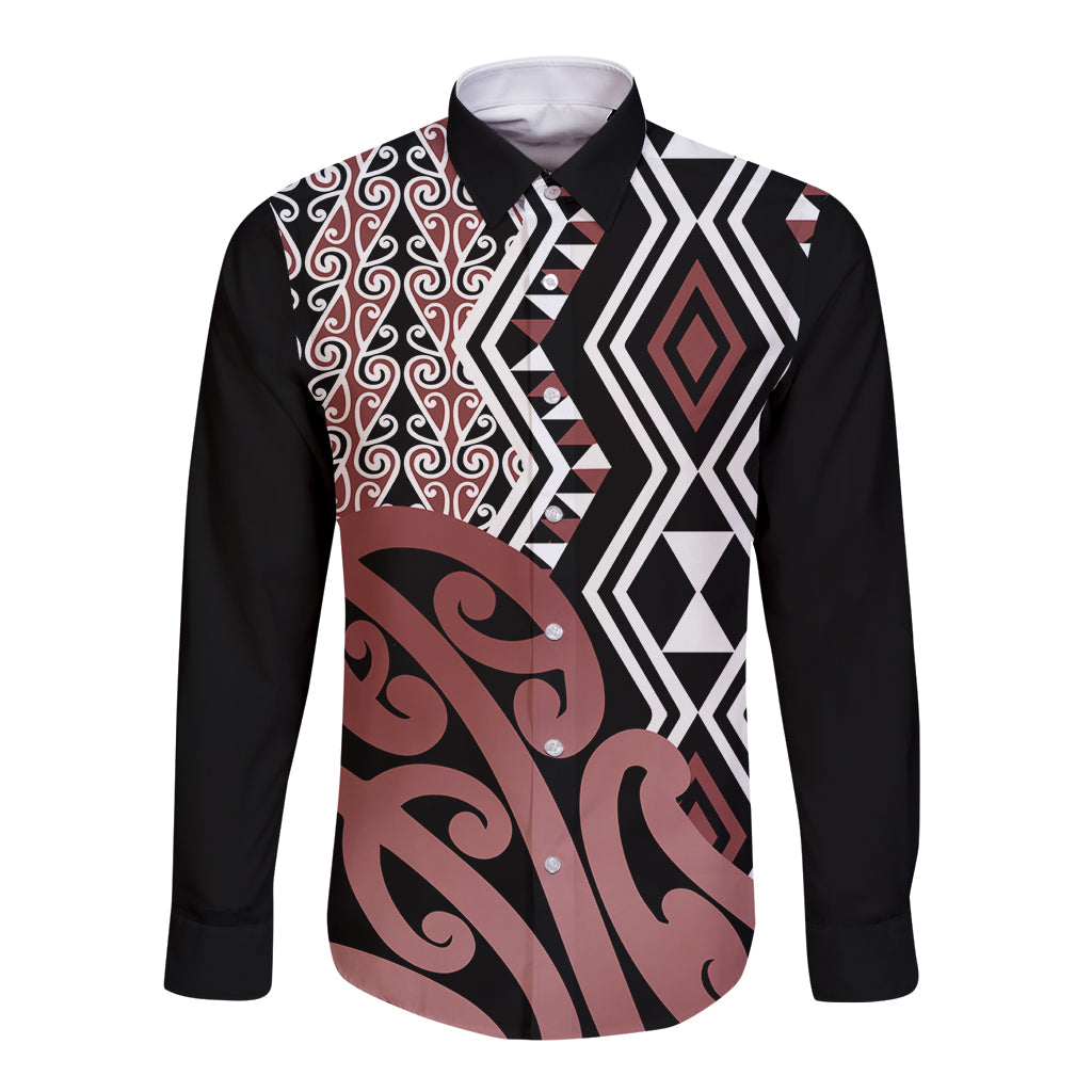 New Zealand Long Sleeve Button Shirt Aotearoa Kowhaiwhai Mix Taniko Art - Wonder Print Shop