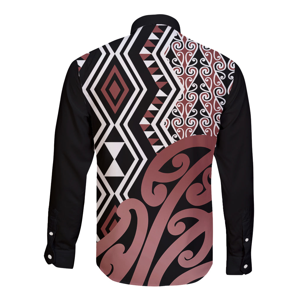 New Zealand Long Sleeve Button Shirt Aotearoa Kowhaiwhai Mix Taniko Art - Wonder Print Shop