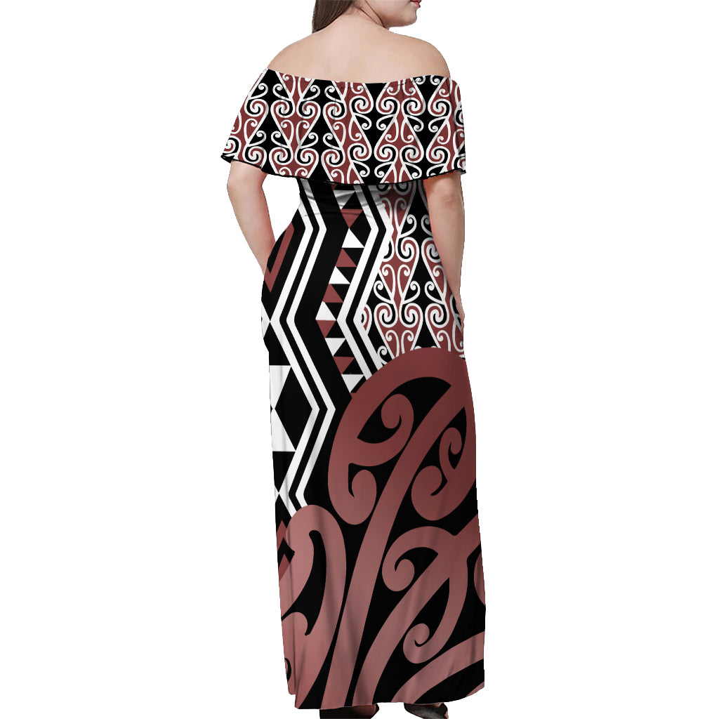 New Zealand Off Shoulder Maxi Dress Aotearoa Kowhaiwhai Mix Taniko Art - Wonder Print Shop