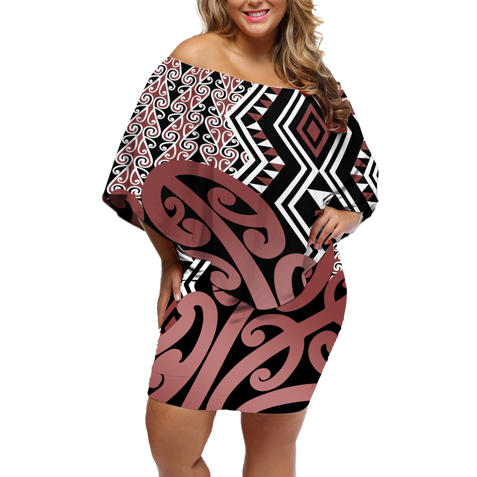 New Zealand Off Shoulder Short Dress Aotearoa Kowhaiwhai Mix Taniko Art - Wonder Print Shop