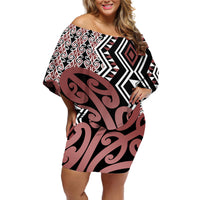 New Zealand Off Shoulder Short Dress Aotearoa Kowhaiwhai Mix Taniko Art - Wonder Print Shop